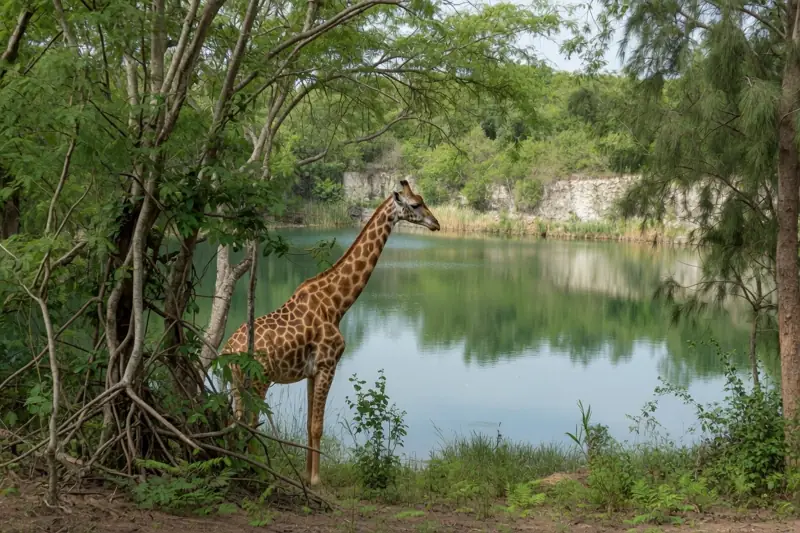 A giraffe beside the quarry lake among the trees at Haller Park, Bamburi
