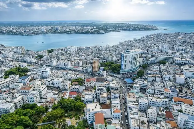 Aerial view of Mombasa island, the creek, and the Indian Ocean