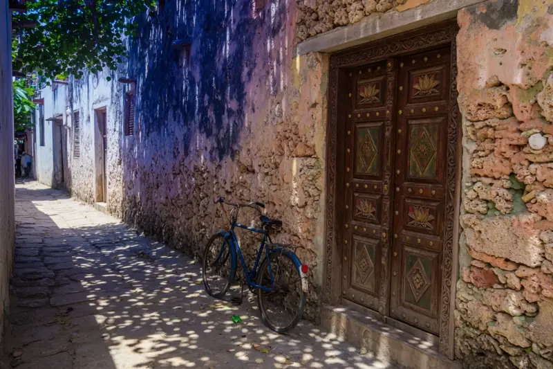 Carved wooden door on a coral-stone lane in Mombasa Old Town